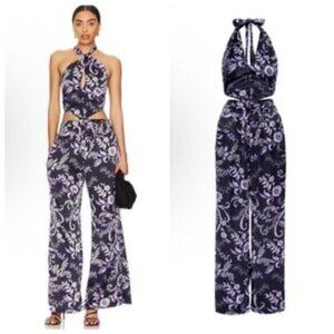 NWMisa LA Laya Indigo Vines Halter Wide Leg Cut Out Jumpsuit Purple Size S